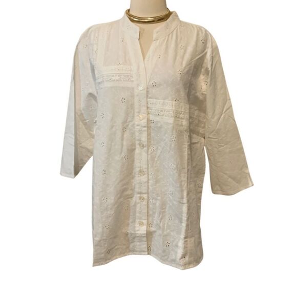NWT Denim & Co. QVC Eyelet Button Front Shirt White Eyelet 2X Plus - Picture 2 of 15
